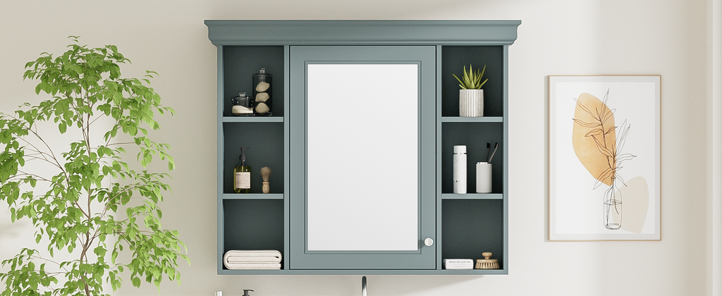 Leoglint 35'' x 28'' Blue Wall Mounted Bathroom Storage Cabinet with Mirror Door, Modern Bathroom Wall Cabinet with Mirror, Medicine Cabinet with 6 Open Shelves