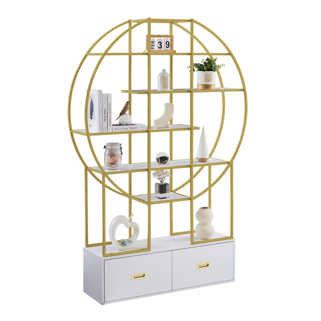 Leoglint 70.8 Inch Round Office Bookcase Bookshelf, Display Shelf, Two Drawers, Gold Frame