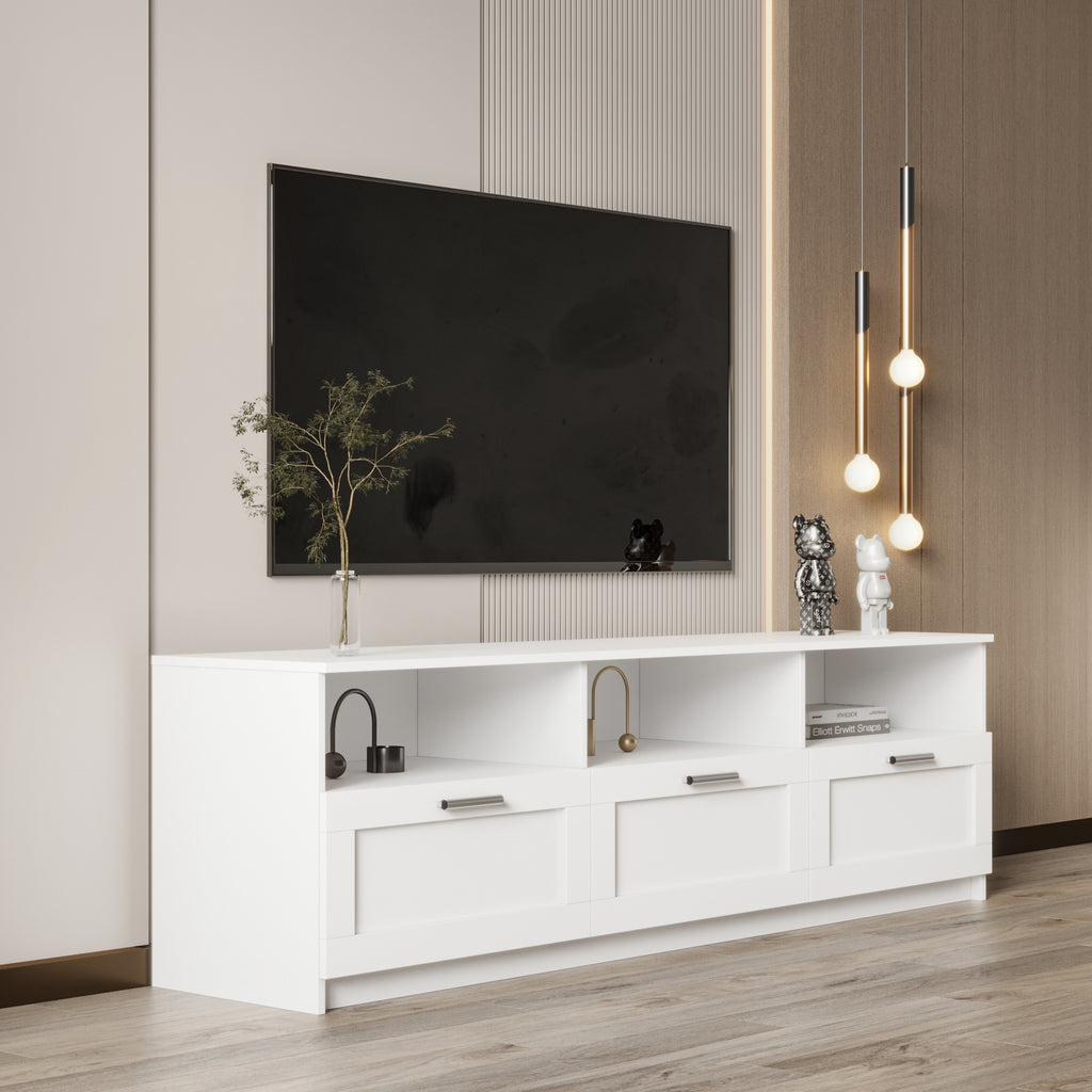 Leoglint White modern minimalist TV cabinet 80 inch TV stand, open locker Living Room Bedroom