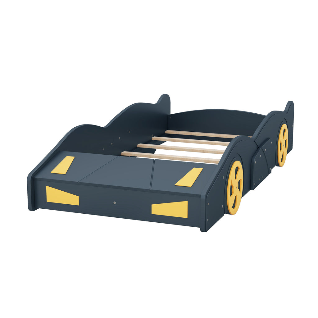 Leoglint Twin Size Race Car-Shaped Platform Bed Frame with Wheels and Storage, Dark Blue+Yellow