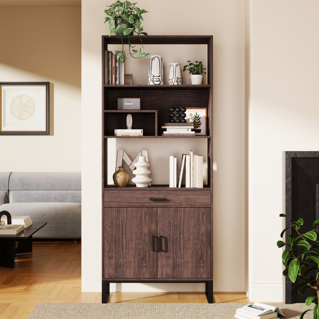 Leoglint 75.9"Modern Open Bookshelf with Doors, Bookcase with Storage drawer and LED Strip Lights,Free Standing Display Rack,Wooden Tall Bookshelf for Living Room and Office, Walnut