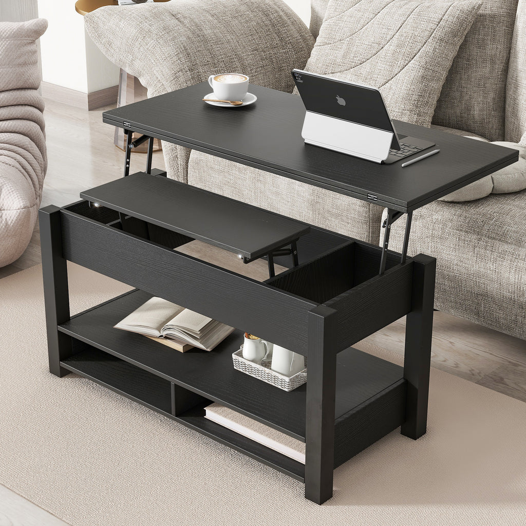 Leoglint [VIDEO provided] ON-TREND Lift Top Coffee Table, Multi-Functional Coffee Table with Open Shelves, Modern Lift Tabletop Dining Table for Living Room, Home Office, Black