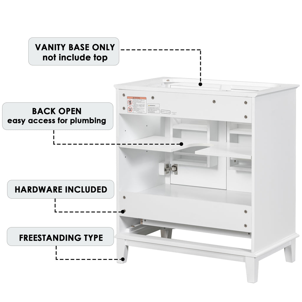 Leoglint 30" Bathroom Vanity without Sink, Base Only, Multi-functional Bathroom Cabinet with Doors and Drawer, Solid Frame and MDF Board, White