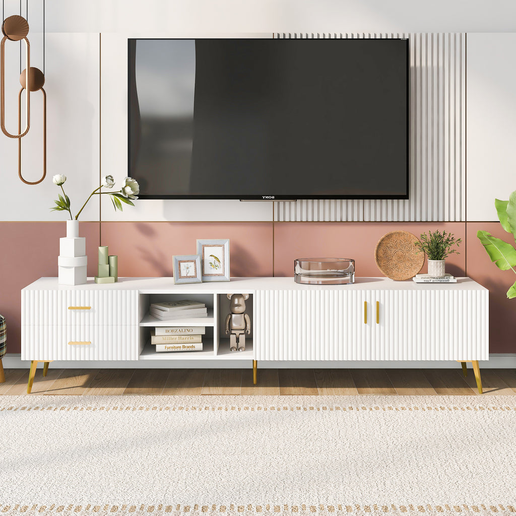 Leoglint U-Can Modern TV Stand with 5 Champagne legs - Durable, stylish, spacious, versatile storage TVS up to 77" (White)