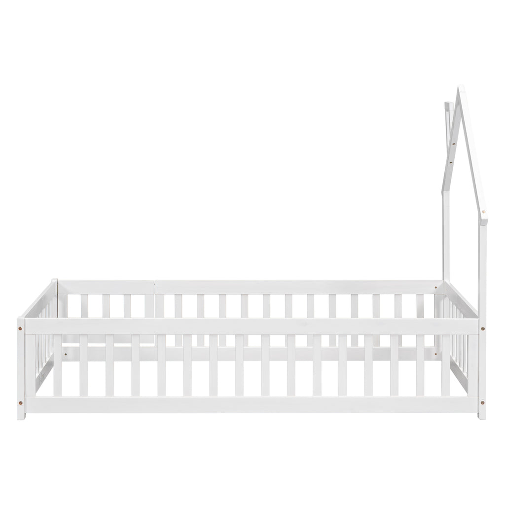 Twin House-Shaped Headboard Floor Bed Frame with Fence,White