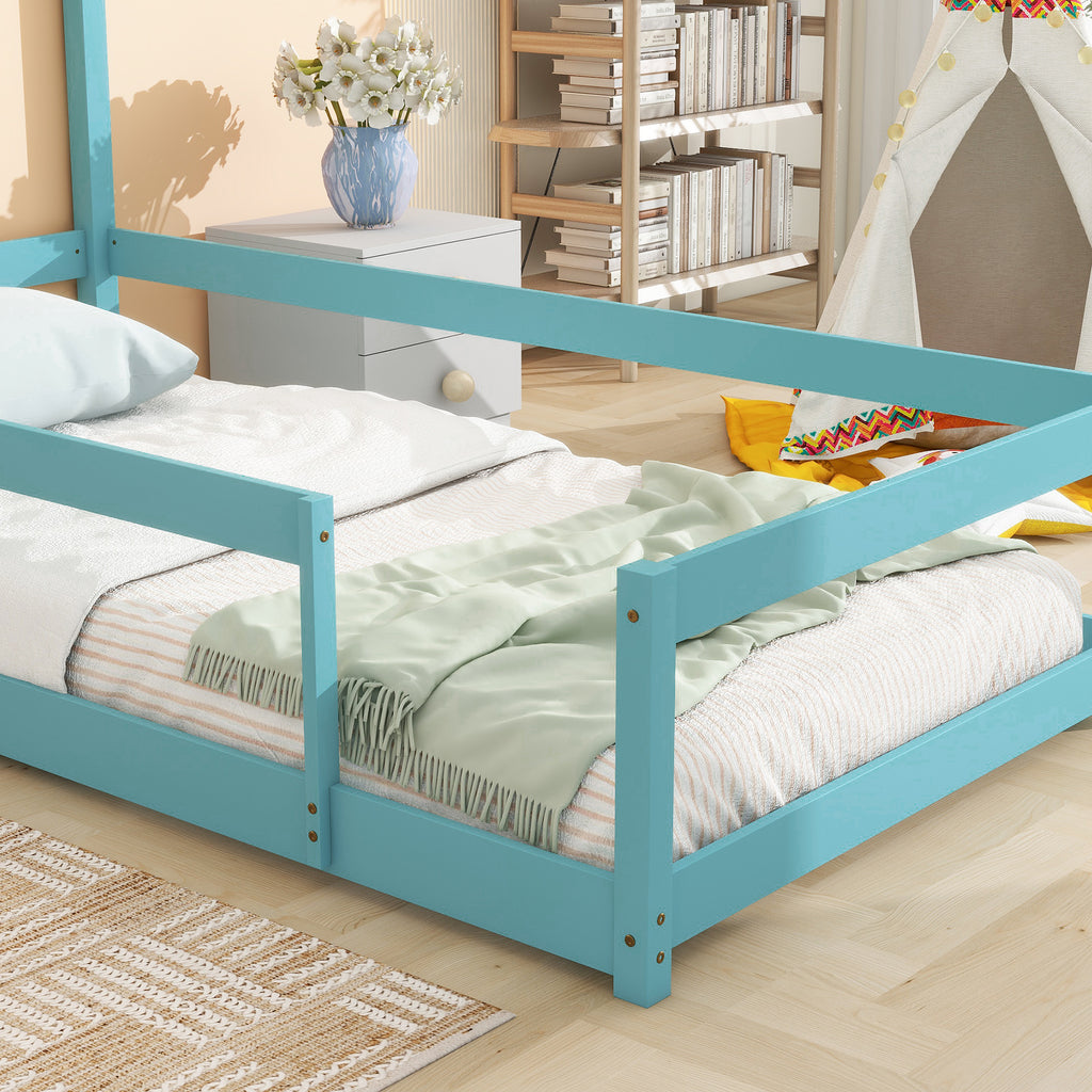 Leoglint Twin Size Wood bed Frame with House-shaped Headboard Floor bed with Fences,Light Blue