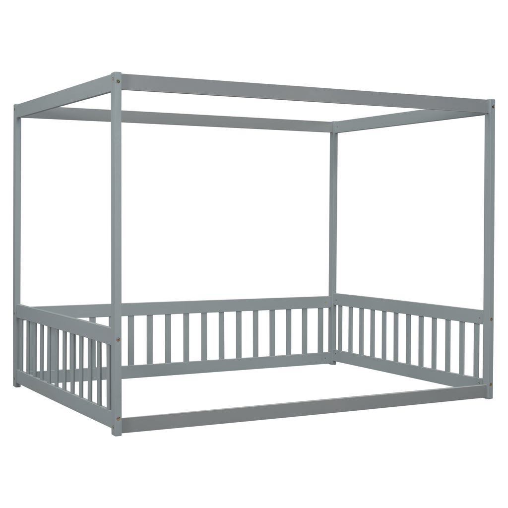 Leoglint Bed Frame Full Size Canopy Frame Floor Bed with Fence, Guardrails,Grey