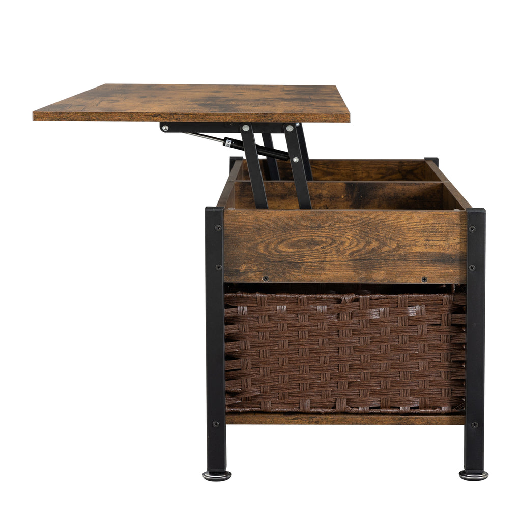 Leoglint Metal coffee table,desk,with a lifting table,and hidden storage space.There were two removable wicker baskets that could be placed in any space such as the living room,color:brown with fire wood grain