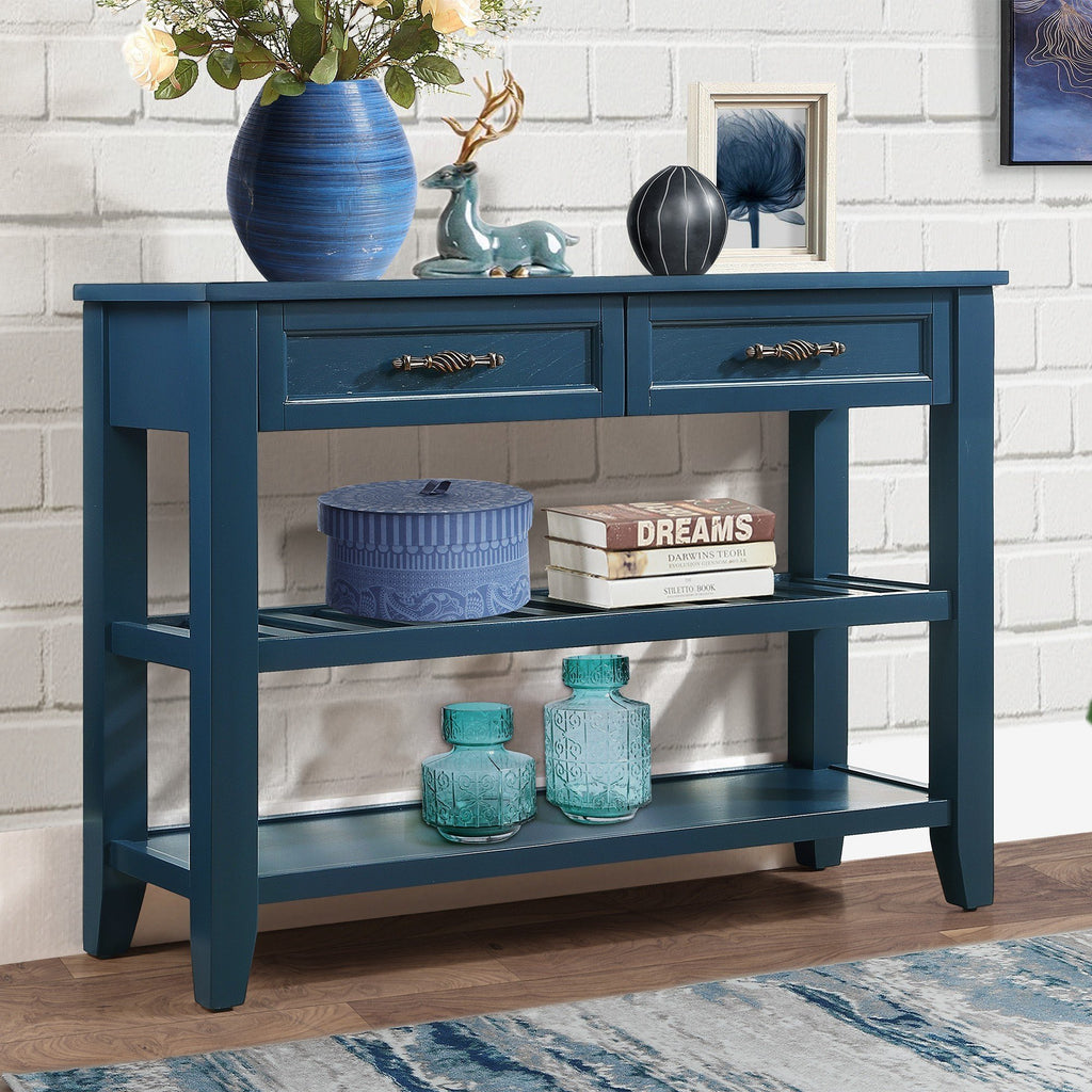 Leoglint Console Sofa Table with 2 Storage Drawers and 2 Tiers Shelves, Mid-Century Style 42'' Solid Wood Buffet Sideboard for Living Room Furniture Kitchen Dining Room Entryway Hallway,Navy Blue