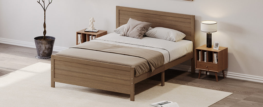 Leoglint Wood Platform Bed Frame with Headboard, Mattress Foundation with Wood Slat Support, No Box Spring Needed, Queen Size, Walnut