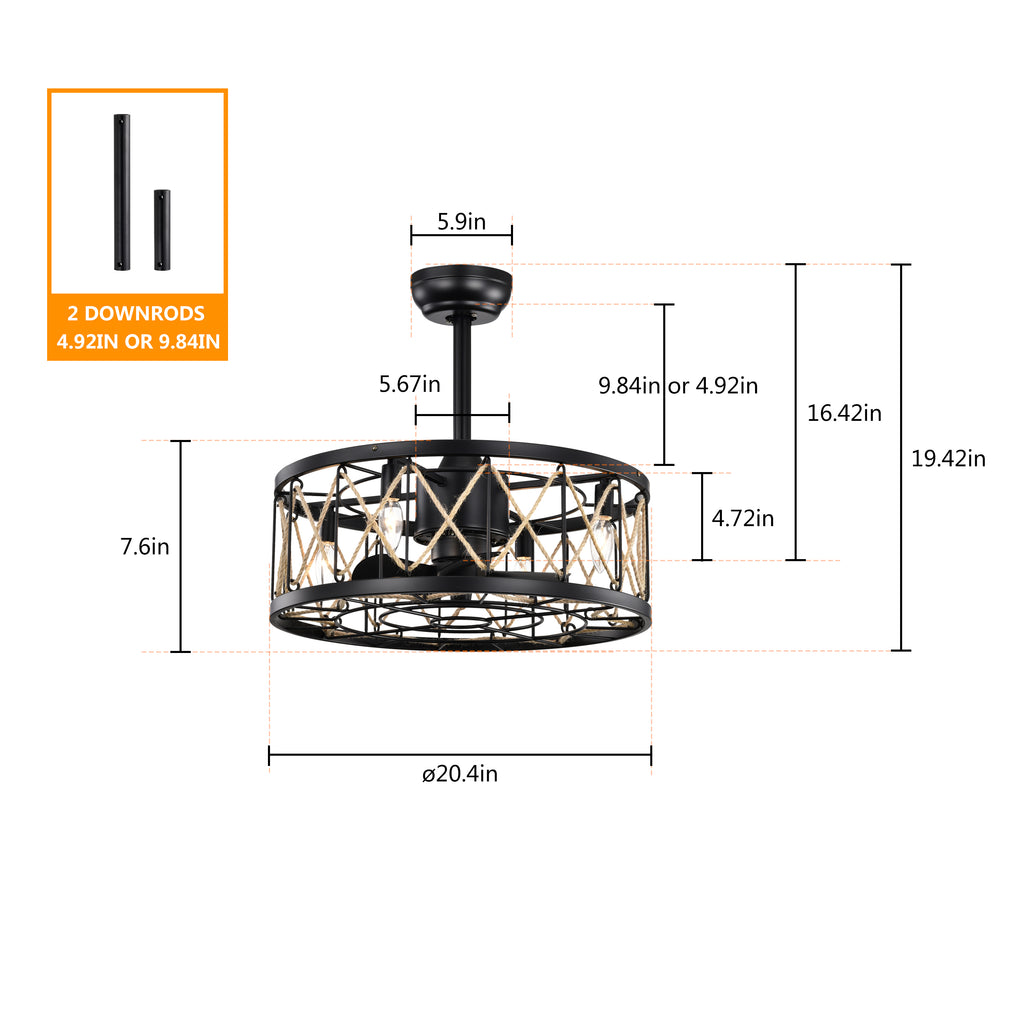 Leoglint Pendant 20.4''Chandelier 5 ABS Fan Blades, Modern Ceiling Fan with Remote Control, Noiseless Reversible AC Motor for Bedroom/Living Room/Study/Patio,Matte Black