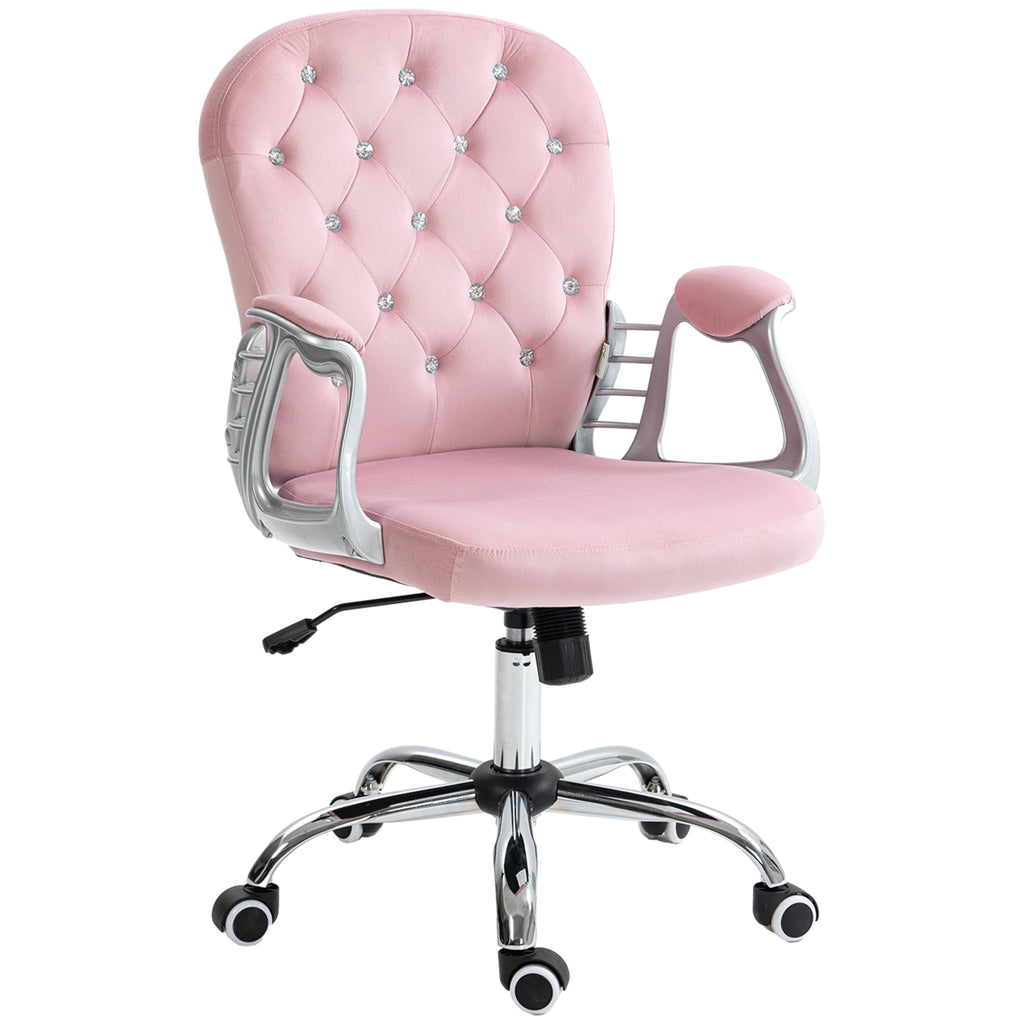 Leoglint Vinsetto Velvet Home Office Chair, Button Tufted Desk Chair with Padded Armrests, Adjustable Height and Swivel Wheels, Pink