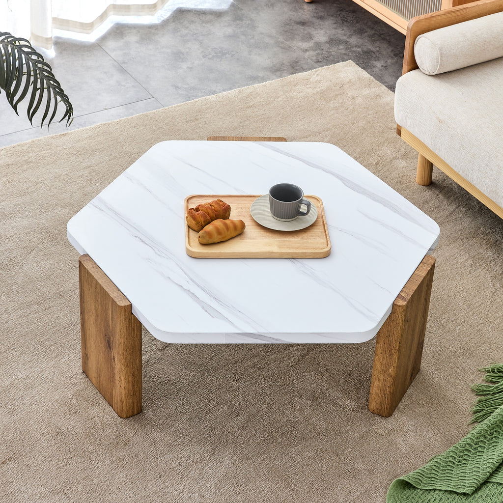 Leoglint Modern practical MDF coffee table with white tabletop and wooden toned legs. Suitable for living rooms and guest rooms.