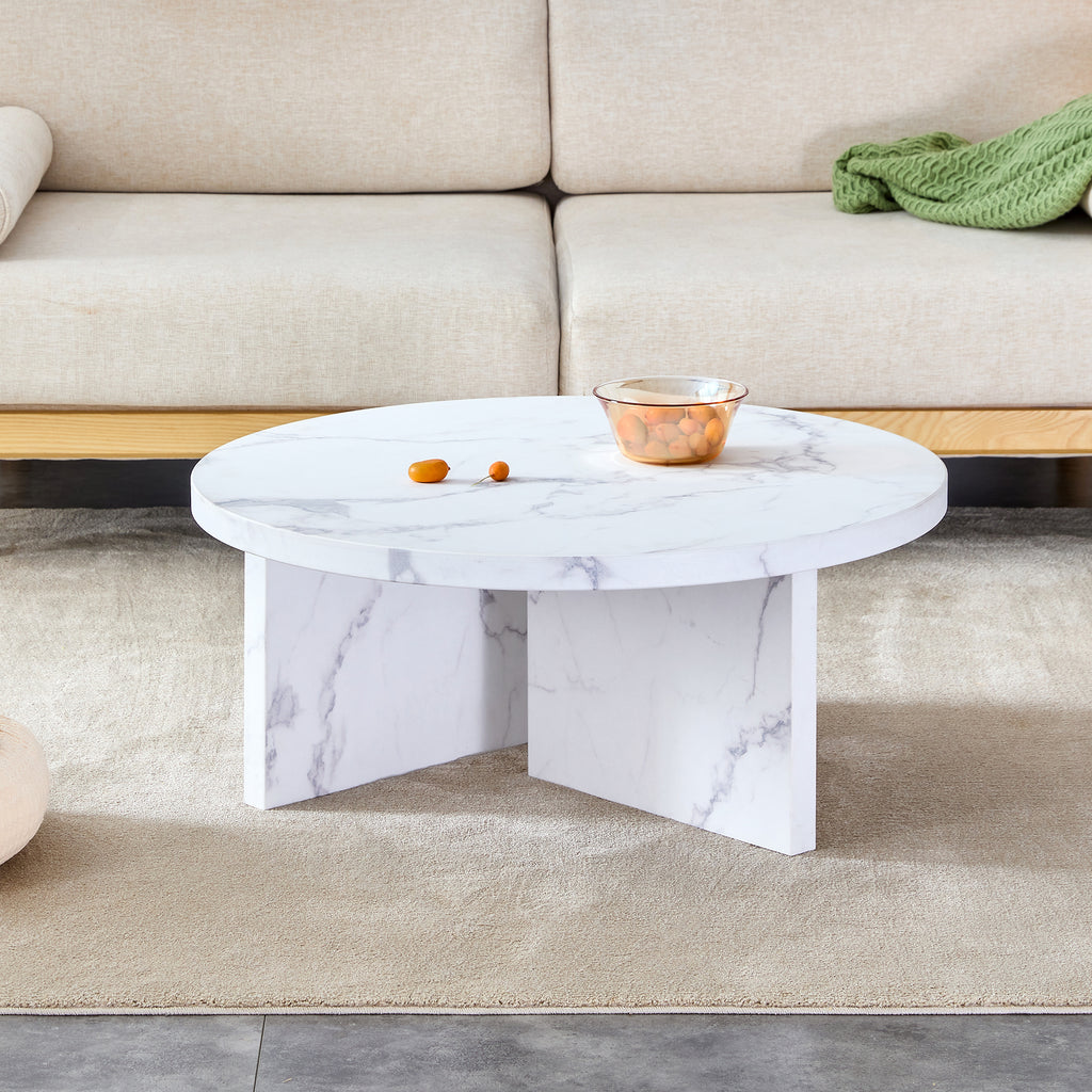 Leoglint A white MDF material circular patterned coffee table, a 31.4-inch white center table, modern coffee table, suitable for small spaces and living rooms.