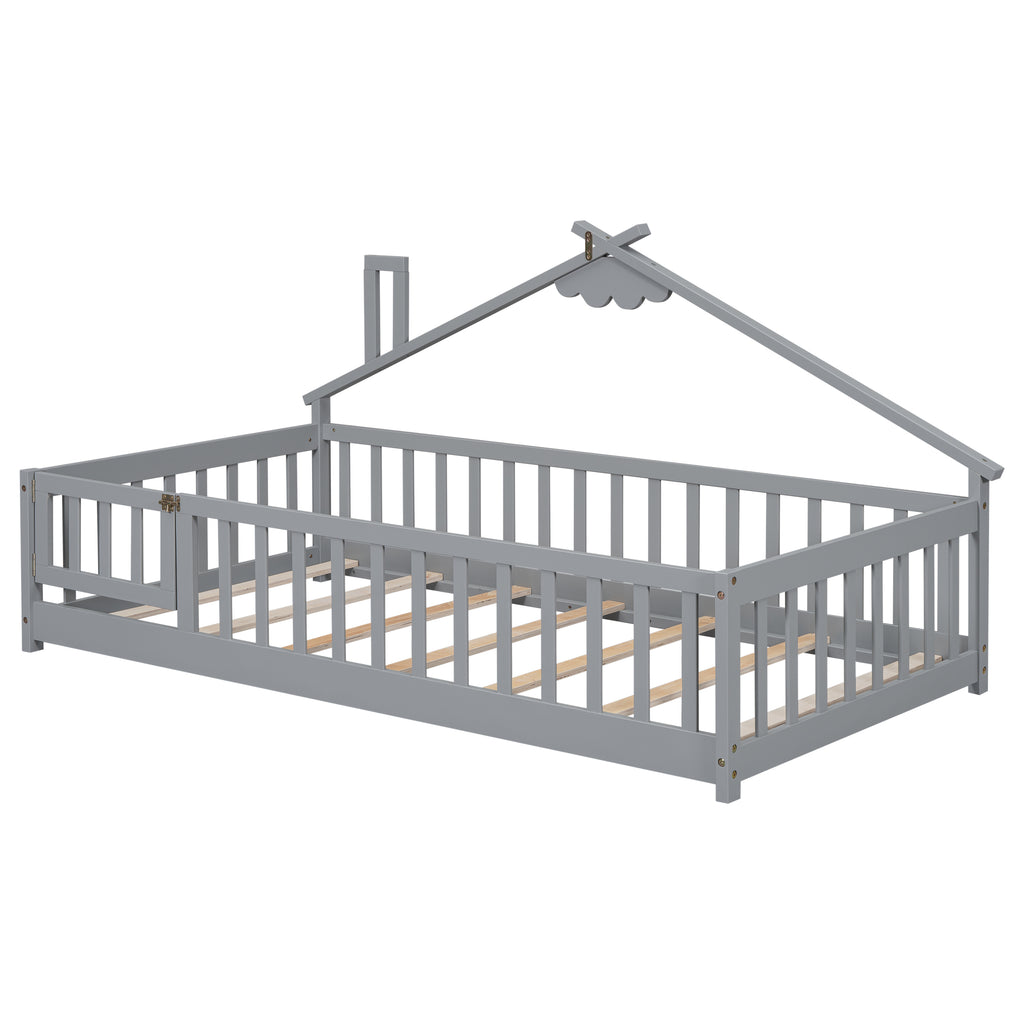 Twin House-Shaped Bedside Floor Bed Frame with Guardrails, Slats, with Door,Grey