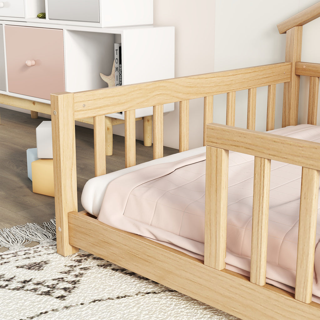 Twin House-Shaped Bedside Floor Bed Frame with Guardrails, Slats, without Door ,Natural