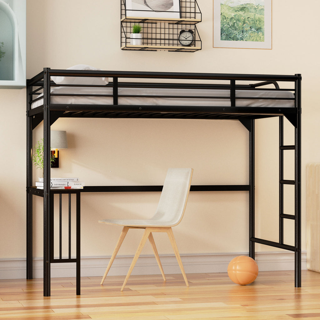 Twin Metal Loft Bed Frame with Desk, Ladder and Guardrails,bookdesk under bed , Black