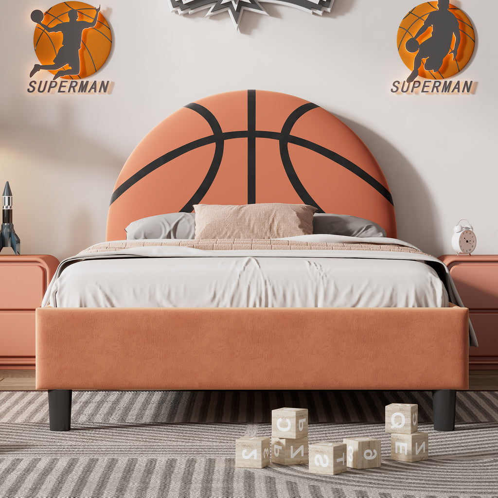 Leoglint Bed Frame Basketball Design Upholstered Twin Platform Bed Sport Style Bed for Boys & Girls, Teens, Orange