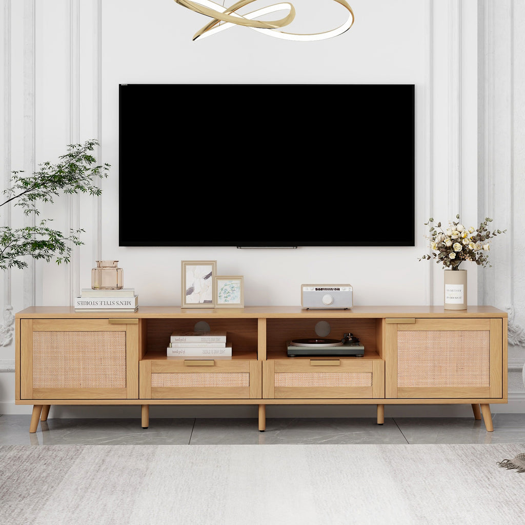 Leoglint Rattan TV Stand for TVs up to 85'', Modern Farmhouse Media Console, Entertainment Center with Solid Wood Legs, TV Cabinet for Living Room,Home Theatre