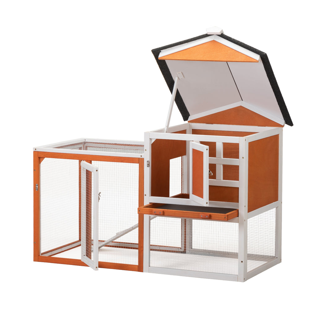 Leoglint 2-Story Wooden Rabbit Hutch Bunny Cage, Chicken Coop, Pet House for Small Animals, Orange + White