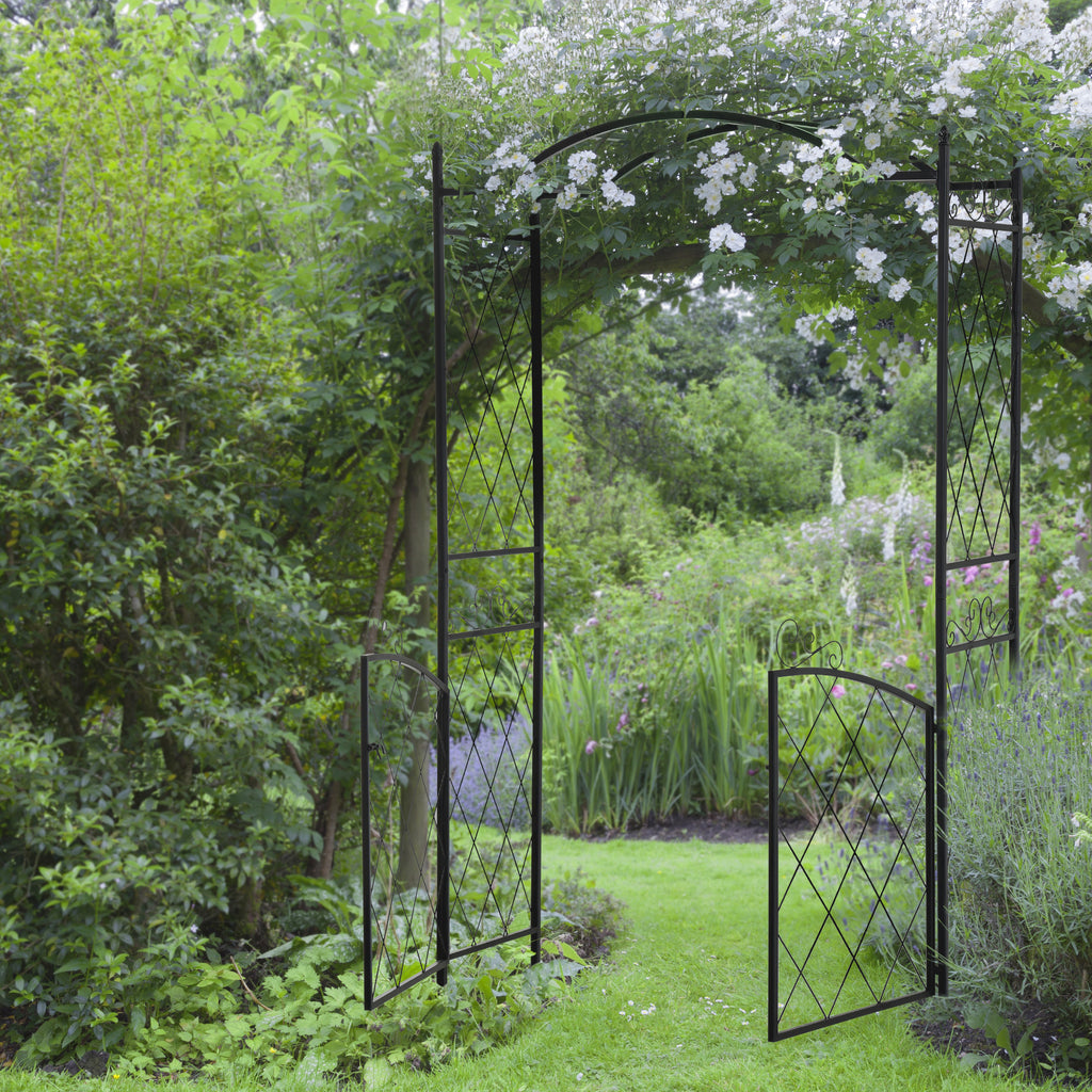 Leoglint 85" Garden Trellis Arch Arbor, Metal Arch Trellis with Gate, Garden Archway for Climbing Vines, Wedding Ceremony Decoration, Black