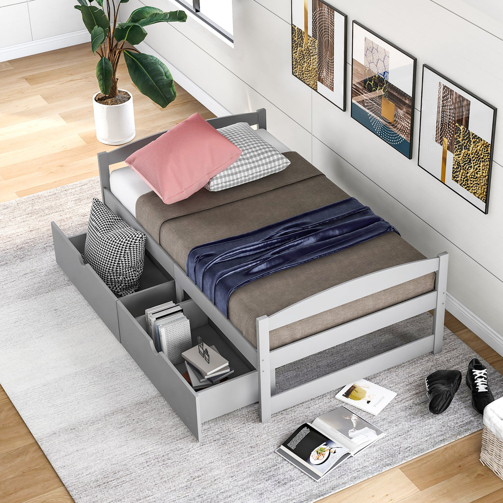 Leoglint Twin size platform bed frame, with two drawers, gray