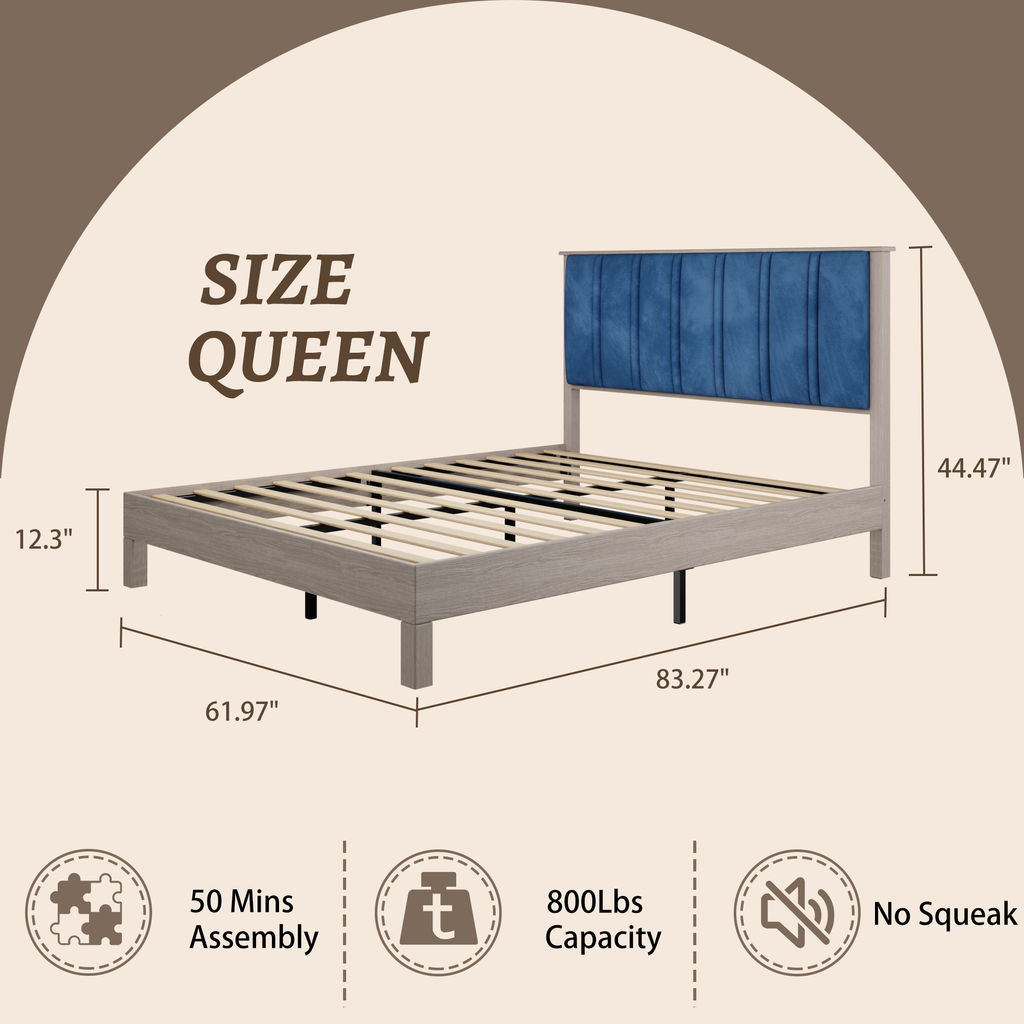 Queen Bed Frame, Wood with Wood Headboard Bed Frame with upholstered headboard /  Wood Foundation with Wood Slat Support / No Box Spring Needed / Easy Assembly