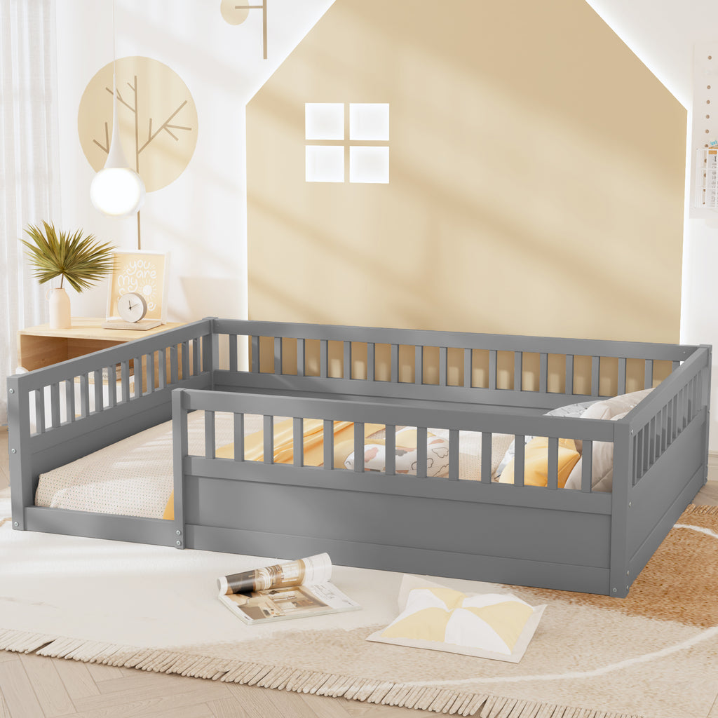 Leoglint Full Floor Bed Frame with Fence, Wood Kids Floor Beds Frame for Bedroom Playroom,Gray(Expect arrive date Jul. 10th)