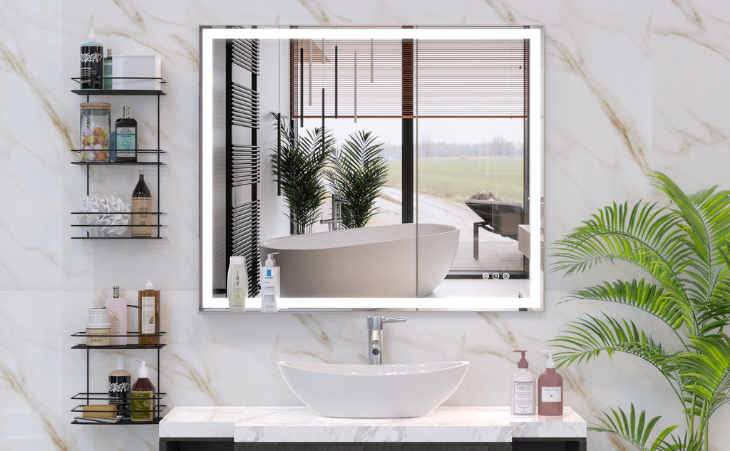 Leoglint 30x36 inch LED Bathroom Vanity Mirror Wall Mounted Adjustable White/Warm/Natural Lights Anti-Fog Touch Switch with Memory Modern Smart Large Bathroom Mirrors