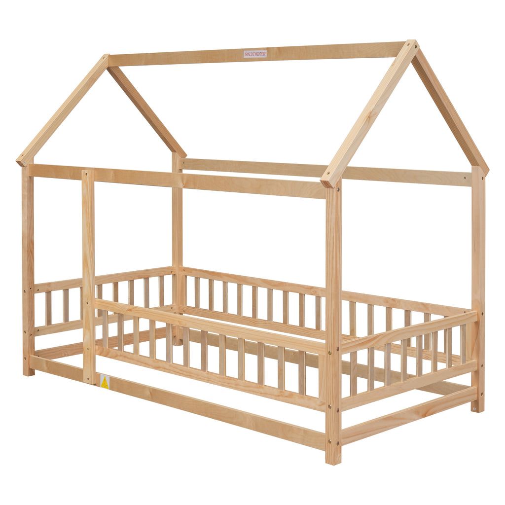 Leoglint Twin Size Floor Wooden Bed Frame with House Roof Frame, Fence Guardrails,Natural(Old SKU:W1791106616)