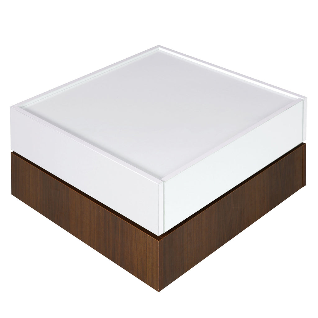 Leoglint [VIDEO provided] ON-TREND Square 360°Rotating Coffee Table with 2 Drawers, High Gloss 2-Tier Center Table with Swivel Tabletop and Storage, Walnut Table Frame Side Table for Living Room, White