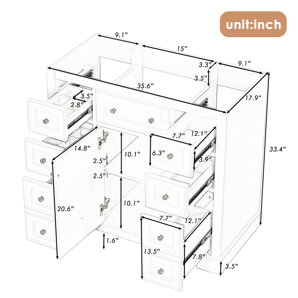 Leoglint 36" Bathroom Vanity without Sink, Cabinet Base Only, One Cabinet and Six Drawers, Grey