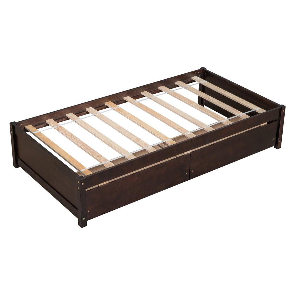 Twin Bed Frame with 2 Drawers, Solid Wood, No Box Spring Needed ,Espresso(Old SKU:W50441670)