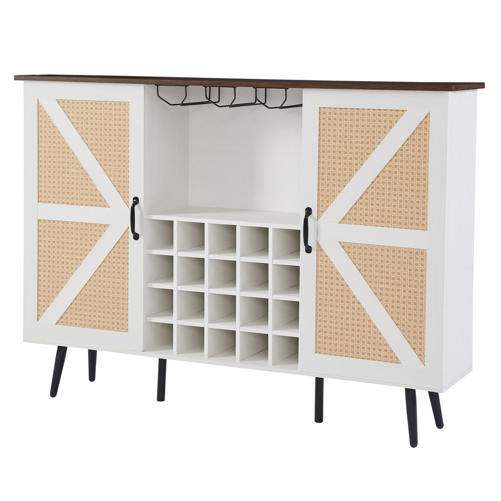 Leoglint Sideboard White Faux Rattan Barn Door Wine Cabinet with Wine Rack and Wine Glass Rack, Double Door Design with Removable Shelves, Rustic Wood Storage Cabinet