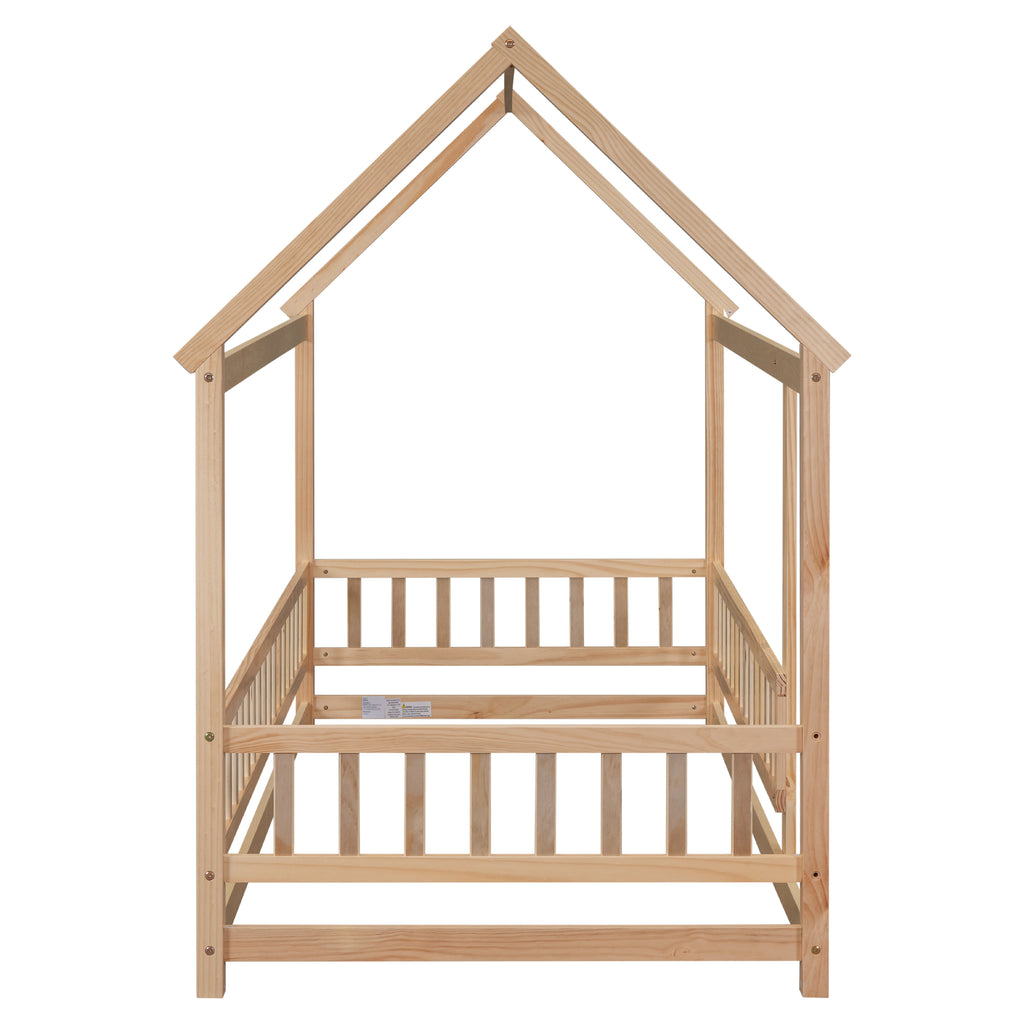 Leoglint Twin Size Floor Wooden Bed Frame with House Roof Frame, Fence Guardrails,Natural(Old SKU:W1791106616)