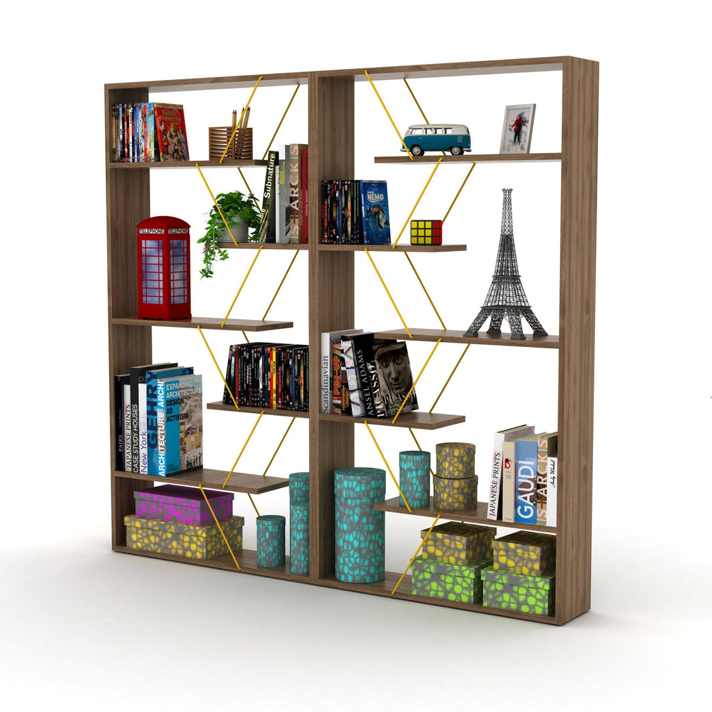 Leoglint Furnish Home Store Wood Frame Etagere Open Back 6 Shelves Bookcase Industrial Bookshelf for Office and Living Rooms Modern Bookcases Large Bookshelf Organizer, Walnut/Yellow