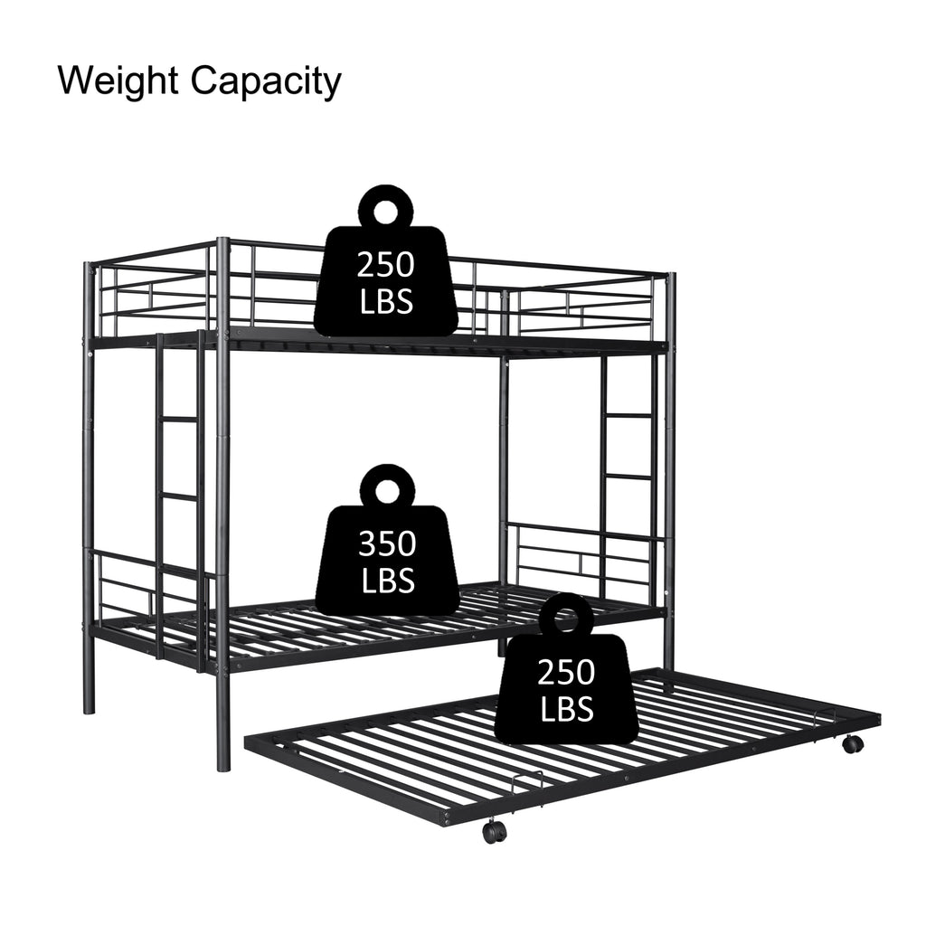 Metal Twin over Twin Bunk Bed Frame with Trundle/Can Be Separated into 2 Twin Beds/ Heavy-duty Sturdy Metal/ Noise Reduced/ Safety Guardrail/ Trundle for Flexible Space/ Bunk Bed for Three/ CPC Certified