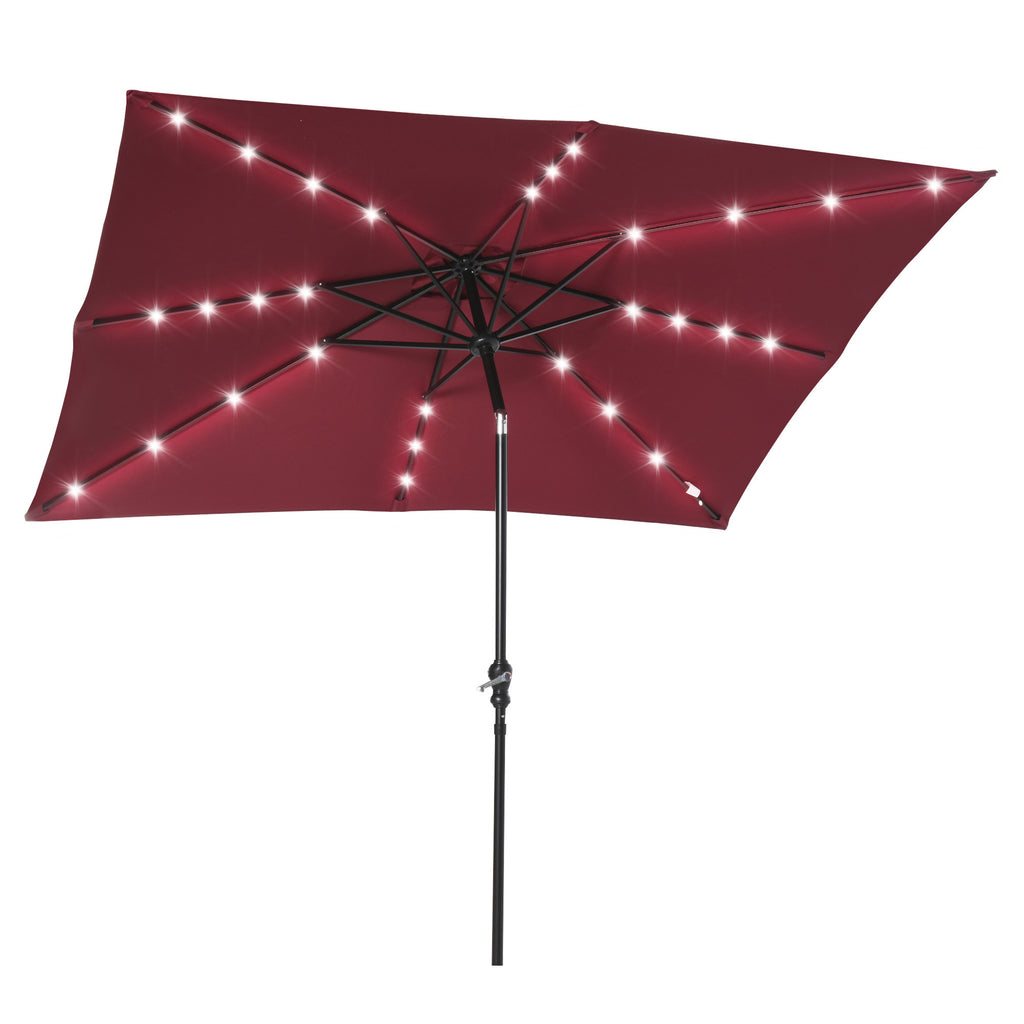 Leoglint 9' x 7' Solar Umbrella, LED Lighted Patio Umbrella for Table or Base with Tilt & Crank, Outdoor Umbrella for Garden, Deck, Backyard, Pool, Beach, Wine Red