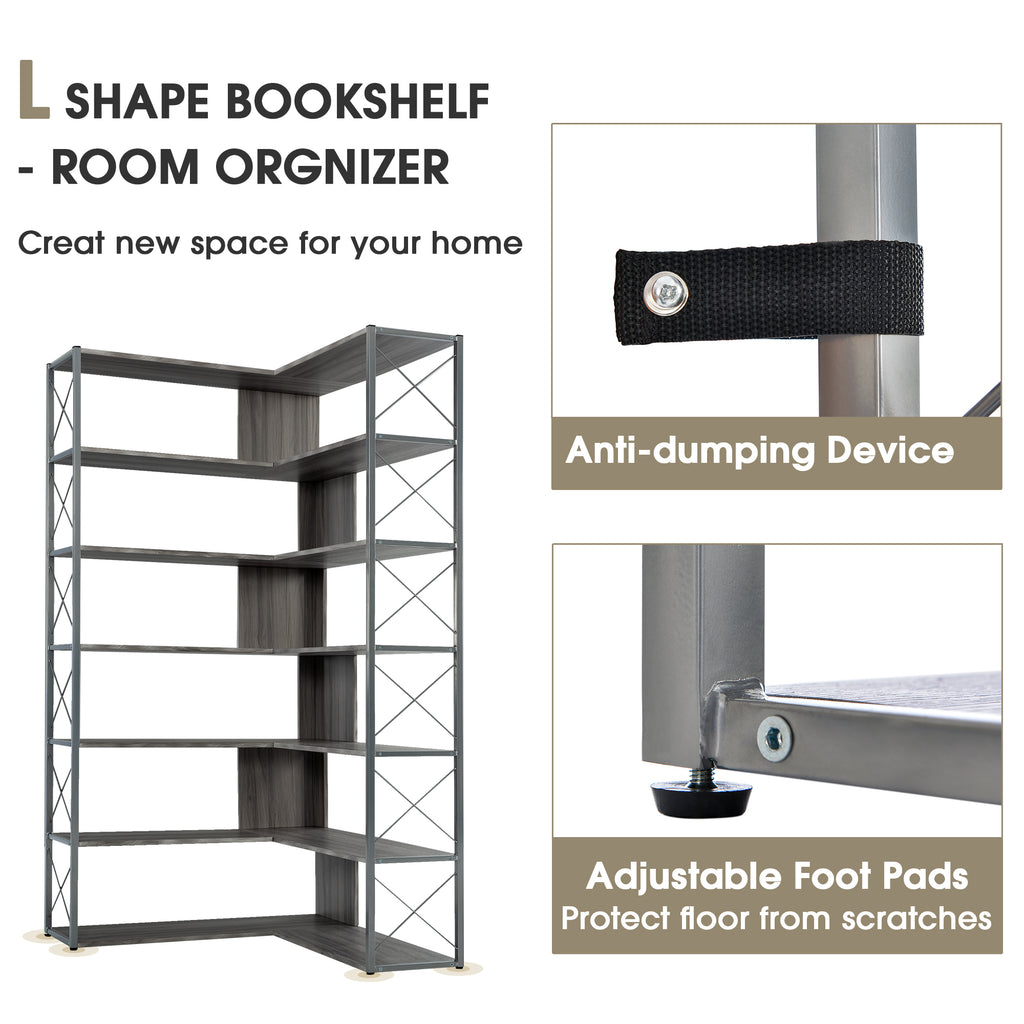 Leoglint Silver+Grey 7-Tier Bookcase Home Office Bookshelf,  L-Shaped Corner Bookcase with Metal Frame, Industrial Style Shelf with Open Storage, MDF Board