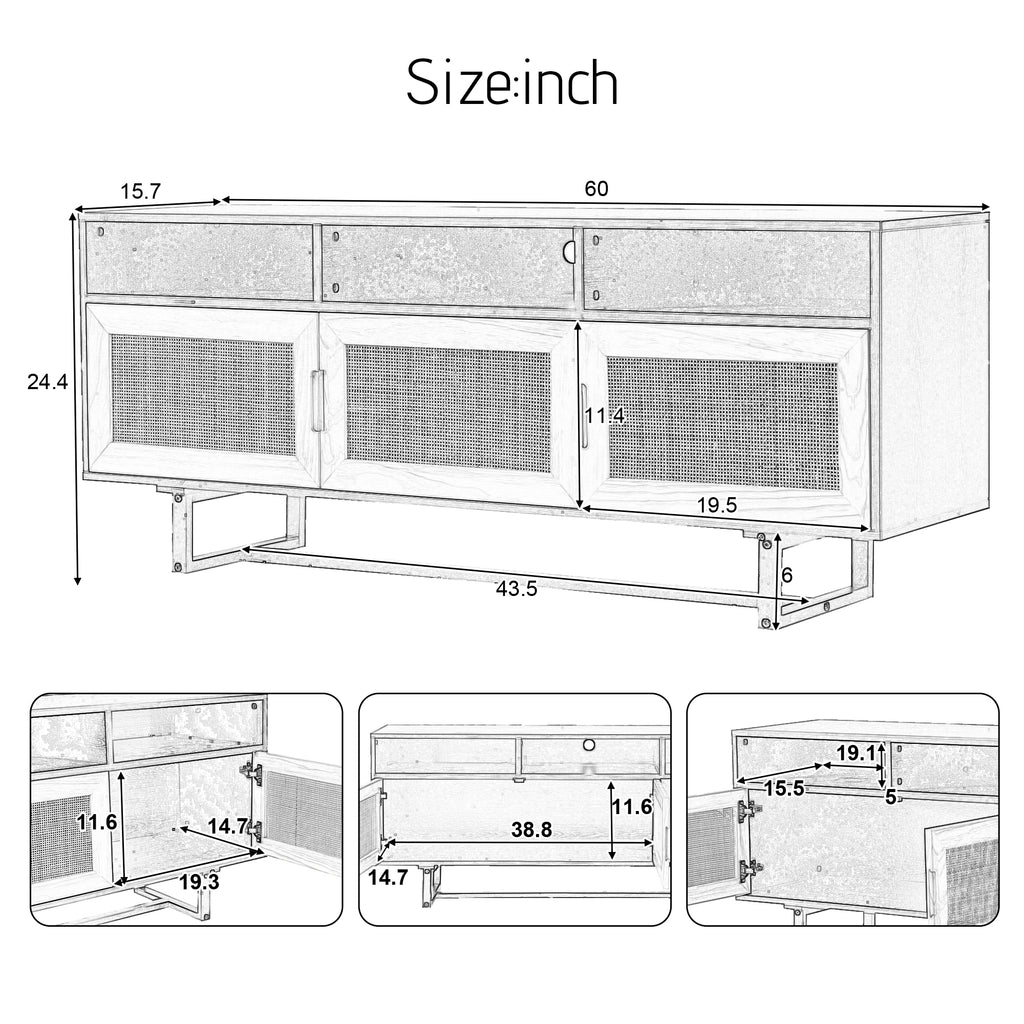 Leoglint TREXM Retro Rattan TV Stand 3-door Media Console with Open Shelves for TV Stand under 75''(Walnut)