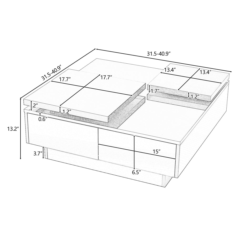 Leoglint U-Can Movable Top Coffee Table, Modern Square Wood Coffee Table with High Gloss finish, 4 Hidden Storage Drawers for Living Room