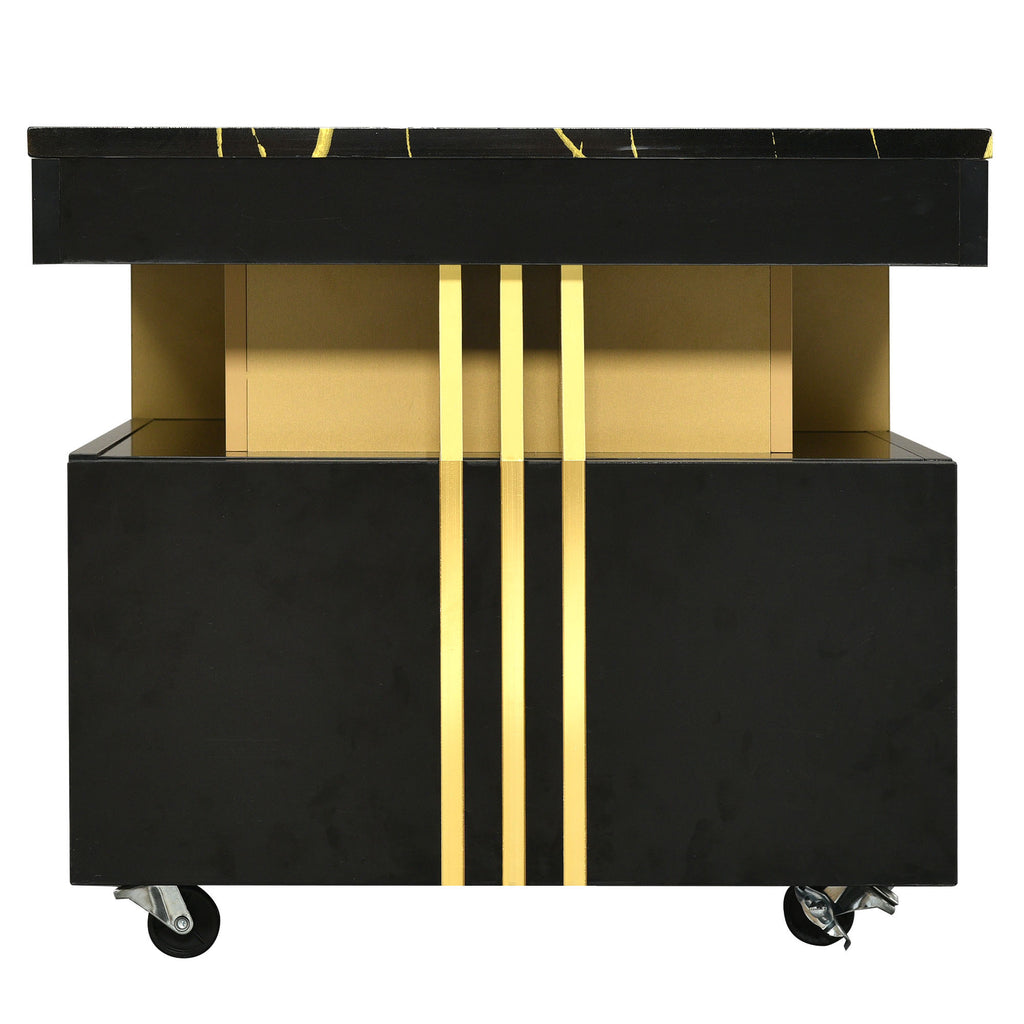 Leoglint [VIDEO provided] ON-TREND Contemporary Coffee Table with Faux Marble Top, Rectangle Cocktail Table with Caster Wheels, Moderate Luxury Center Table with Gold Metal Bars for Living Room, Black