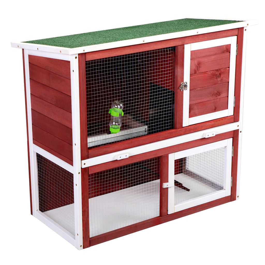 Leoglint Wood Rabbit Hutch, Pet Playpen with 2 Stories, Ramp, Doors, Pull-out Tray, Water Bottle, Outdoor Enclosure for Small Animals Bunnies, Red and White