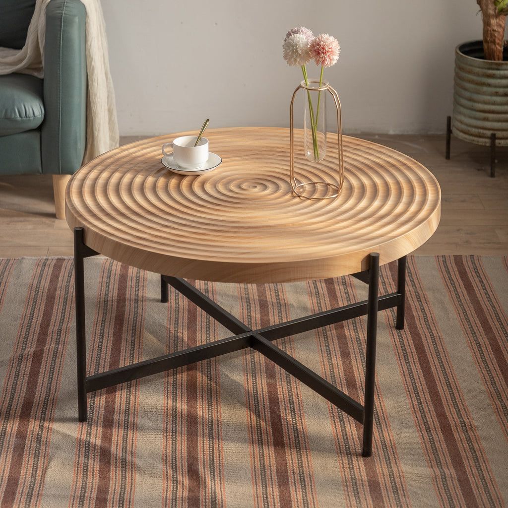 Leoglint 33"Modern Thread Design Round Coffee Table ,  MDF  Table Top with Cross Legs Metal Base