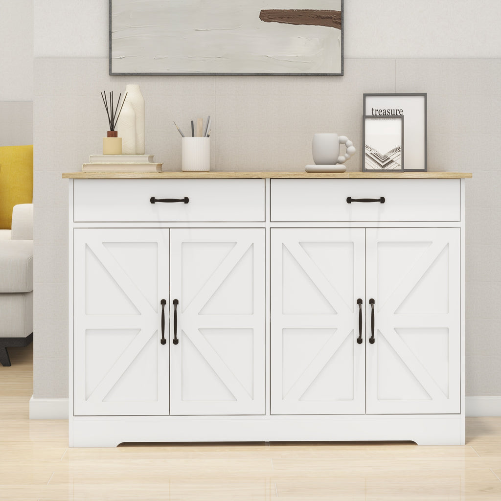 Leoglint 47.95" Farmhouse Buffet Cabinet Storage Sideboard with 2 Drawers and 4 Doors for Dining Living Room Kitchen Cupboard-White