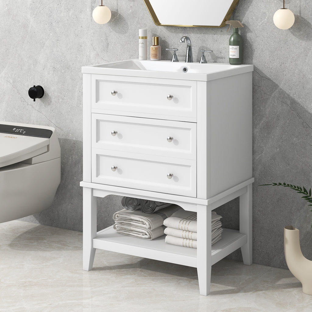 Leoglint 24" Bathroom Vanity With Sink, Bathroom Storage Cabinet with Drawer and Open Shelf, Solid Wood Frame, White