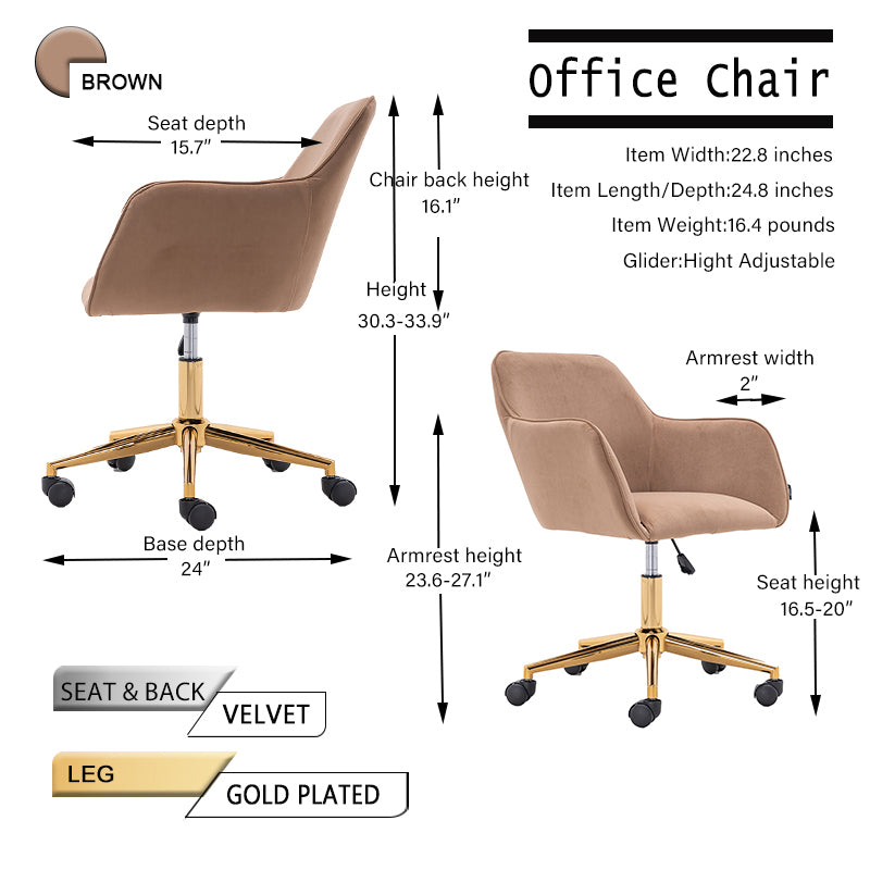 Leoglint 002-Velvet Fabric Adjustable Height 360 revolving Home Office Chair with Gold Metal Legs and Universal Wheels for Indoor,Light Coffee