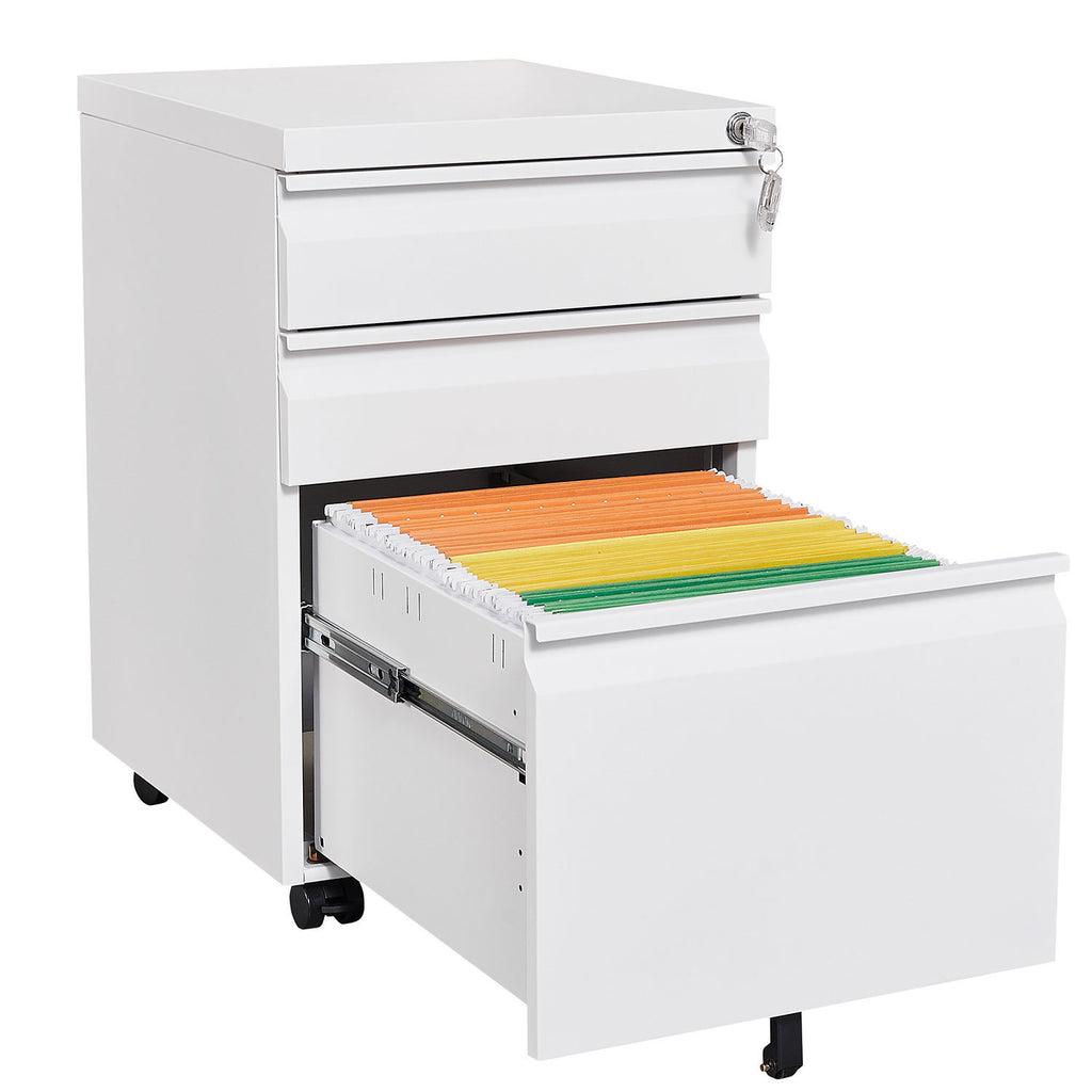 Leoglint 3-Drawer Mobile File Cabinet with Lock, Office Storage Filing Cabinet for Legal/Letter Size, Pre-Assembled Metal File Cabinet Except Wheels Under Desk(White)