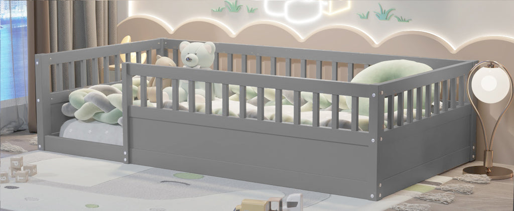 Twin Floor Bed Frame with Fence, Wood Kids Floor Beds Frame for Bedroom Playroom,Gray(Expect arrive date Jun. 21st)