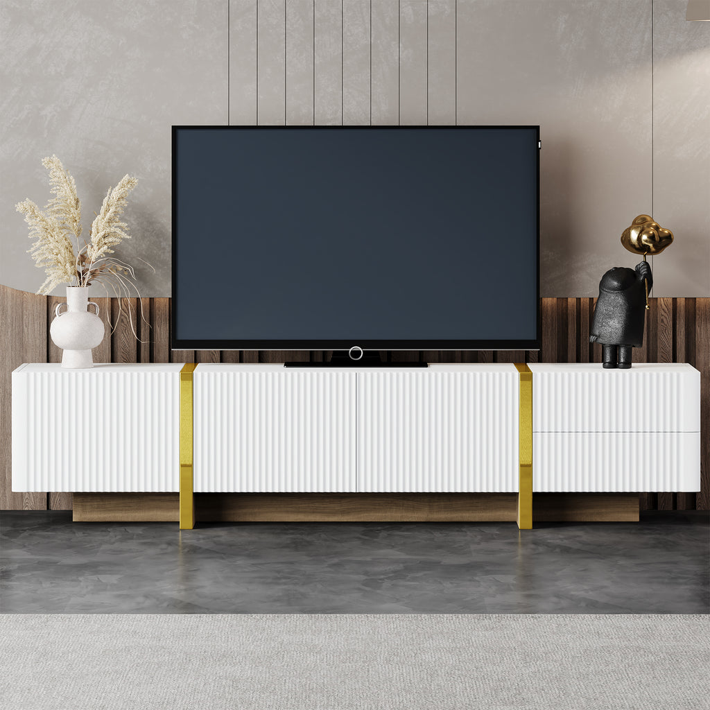 Leoglint ON-TREND Luxury Fluted TV Stand for TVs Up to 80'', Modern Entertainment Center with Storage Cabinets & Drawers, Smooth Media Console with Golden Wood Grain Legs for Living Room, White